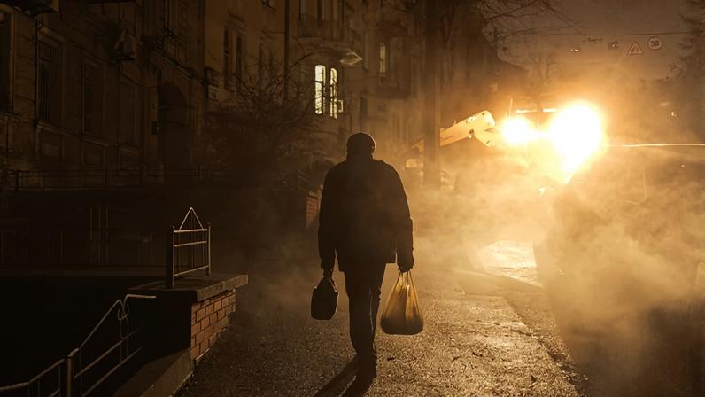 A man is seen from behind carrying shopping bags as he walks along a dim street at night. Smoke or fog billows around him, reflecting bright glares from streetlights.