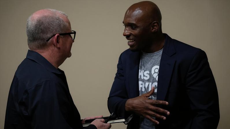 DeMeco Ryans discusses his faith during an interview with The Christian Chronicle's Bobby Ross Jr.