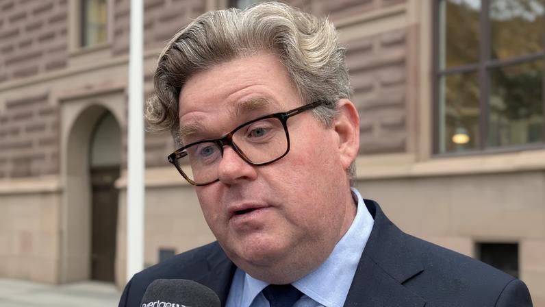 Sweden’s Justice Minister Gunnar Strommer talking to journalists in Stockholm, Sweden, February 7, 2025. REUTERS/Ilze Filks/File Photo