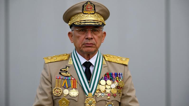 Myanmar's junta chief Senior General Min Aung Hlaing, who ousted the elected government in a coup, presides at an army parade on Armed Forces Day in Naypyitaw, Myanmar, March 27, 2021. REUTERS/Stringer//File Photo