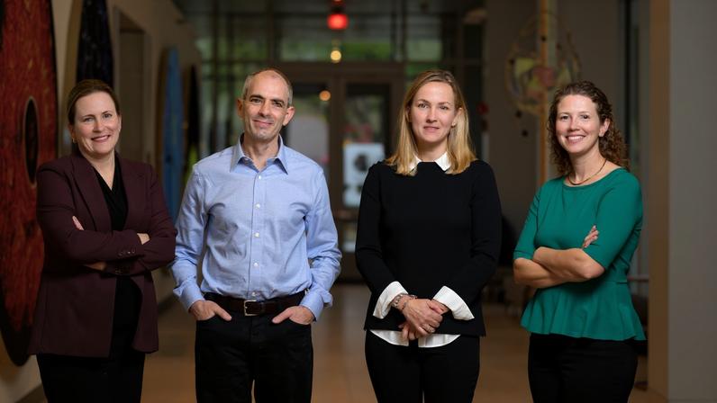 Caption: The HEALS Leadership team poses in the Koch Institute Galleries: (left to right) Angela Koehler, Iain Cheeseman, and Katharina Ribbeck, with Senior Program Manager Caroline Lowenthal.
