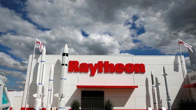 The Raytheon stand is seen at the 53rd International Paris Air Show at Le Bourget Airport near Paris