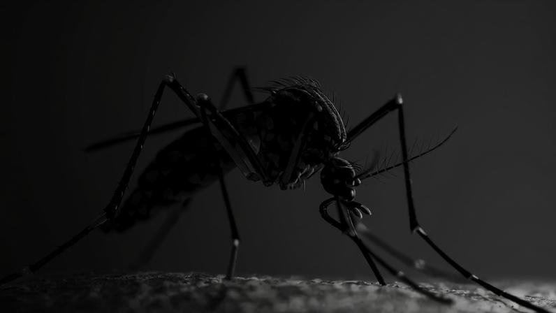 Imagem, em preto e branco, de um mosquito da dengue.