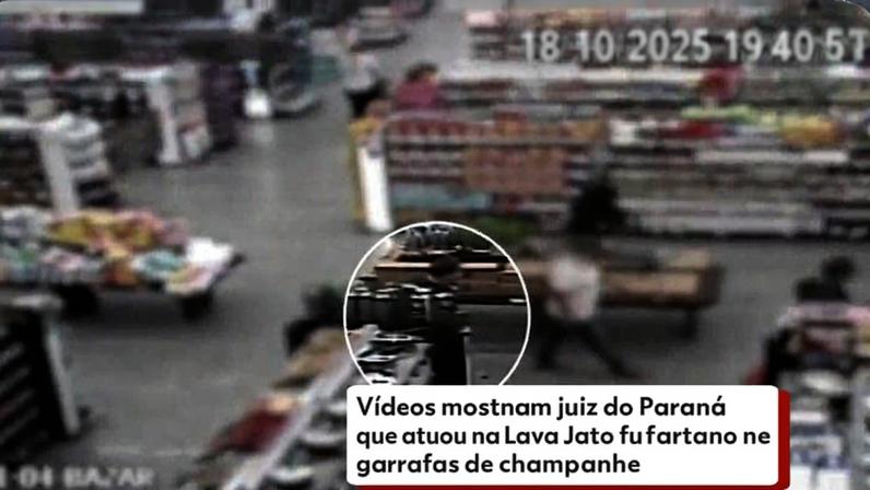 Imagens de câmeras de segurança mostram juiz supostamente furtando champanhe. (Foto: Reprodução / G1 PR)