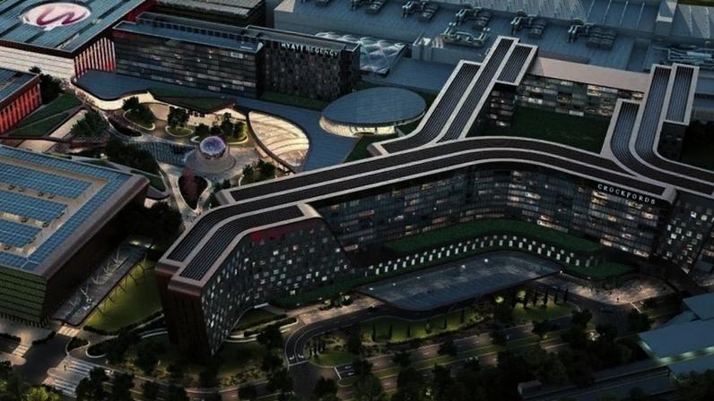Uma representação artística do plano de expansão de US$ 5,5 bilhões do Resorts World New York City, no Queens