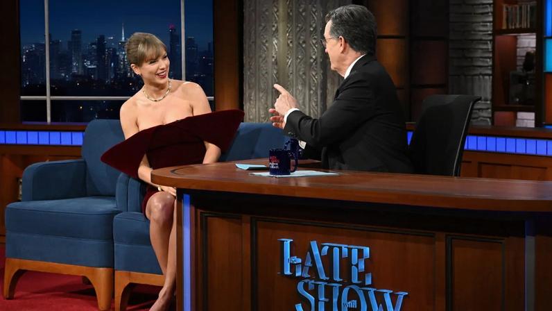 The Late Show with Stephen Colbert and guest Taylor Swift during Wednesday’s December 10, 2025 show.
