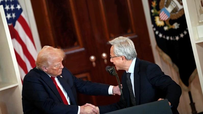 U.S. President Donald Trump shakes hands with Nvidia CEO Jensen Huang after Huang delivered remarks at an event in the White House in Washington on April 30.