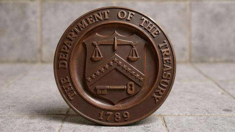 A bronze seal for the Department of the Treasury is shown at the U.S. Treasury building in Washington, U.S., January 20, 2023. REUTERS/Kevin Lamarque