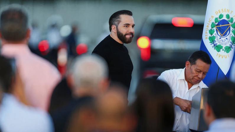 El Salvador's President Nayib Bukele arrives to take part in a groundbreaking ceremony for the construction of Sky City, a logistics and aviation hub, at the Monsenor Oscar Arnulfo Romero International Airport in San Luis Talpa, El Salvador, December 16, 2025. REUTERS/Jose Cabezas