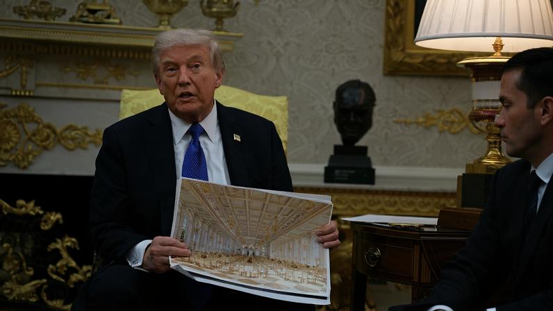 America goes bling: Donald Trump with a rendering of the controversial White House ballroom he is building Jim Watson/AFP via Getty Images