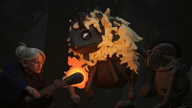 Gertie and the creature look at a skeleton.