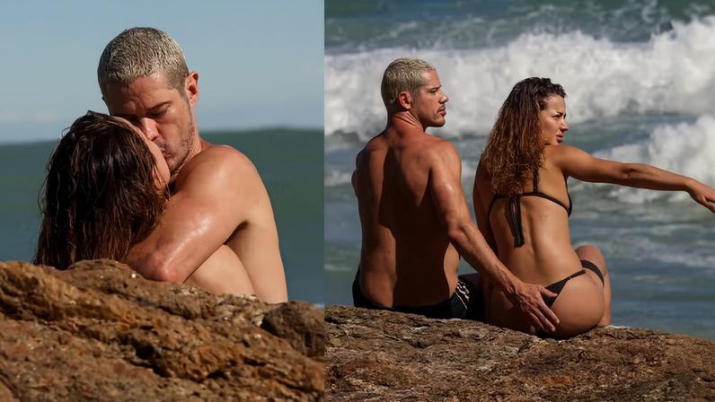 José Loreto em clima de romance com a namorada, Fernanda Marques, na praia — Foto: Agnews/JC Pereira