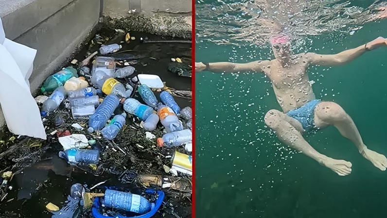 Filth detritus floats in the water on the left and a man hangs as if weightless while swimming underwater.
