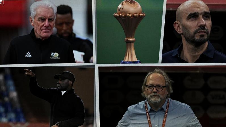 Técnicos da CAN 2025: da esq. para a dir., Hugo Broos (belga, África do Sul), Walid Regragui (marroquino, Marrocos), Emerse Faé (marfinense, Costa do Marfim) e Tom Saintfiet (belga, Mali)
