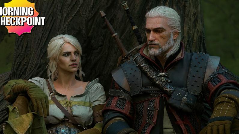 Geralt and Ciri sit under a tree.