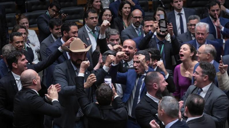 Comemoração da oposição no plenário da Câmara dos Deputados, após aprovação do PL da dosimetria. (Foto: Bruno Spada/Câmara dos Deputados)