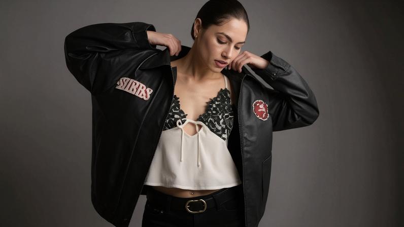 Abercrombie x Olivia Culpo 49ers Leather Jacket