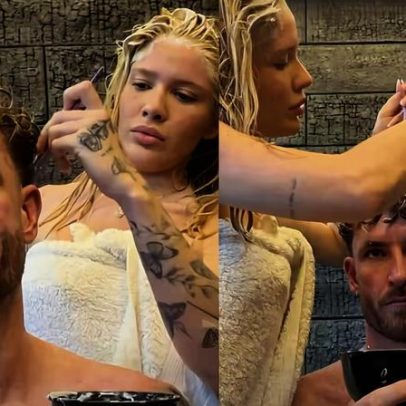 Karoline Lima pinta cabelo de Léo Pereira antes de viagem