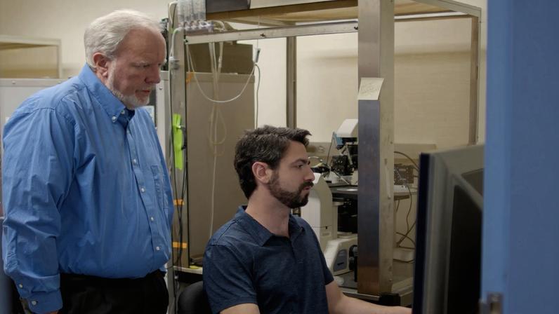 MIT neurobiologists Troy Littleton (standing) and Andres Crane investigated the landscape of RNA editing in neurons to understand how it affects the proteins cells produce from the genes they express.