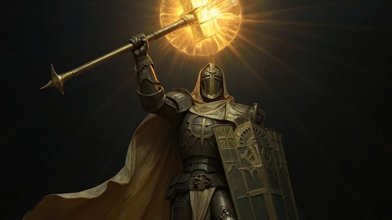 A Paladin holds up a gold hammer.