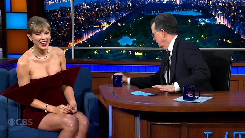 Taylor Swift gushed about her romance with Travis Kelce on Wednesday’s “The Late Show With Stephen Colbert.” The Late Show with Stephen Colbert / YouTube