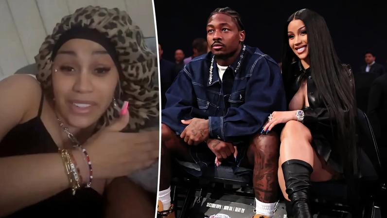 Cardi B wearing a leopard print bonnet and a black top, speaking to the camera.