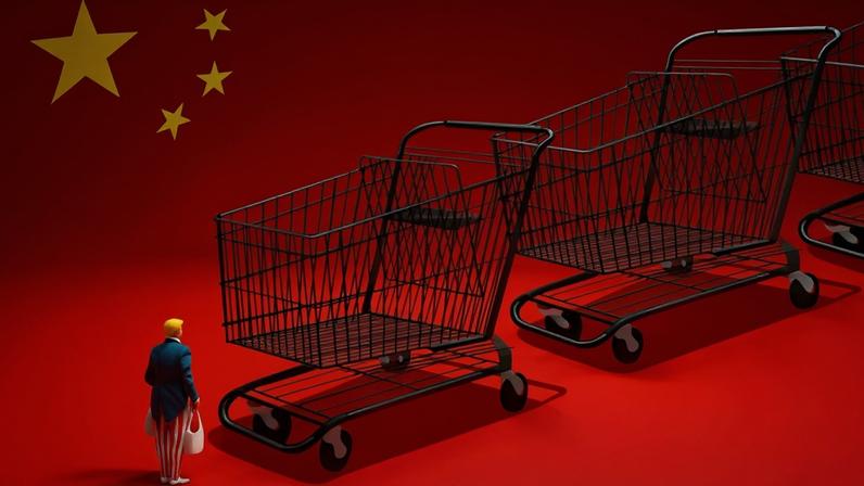 An illustration shows a line of large shopping carts facing down a small Donald Trump figure holding two shopping bags. The stars of China's flag are in the upper left corner.
