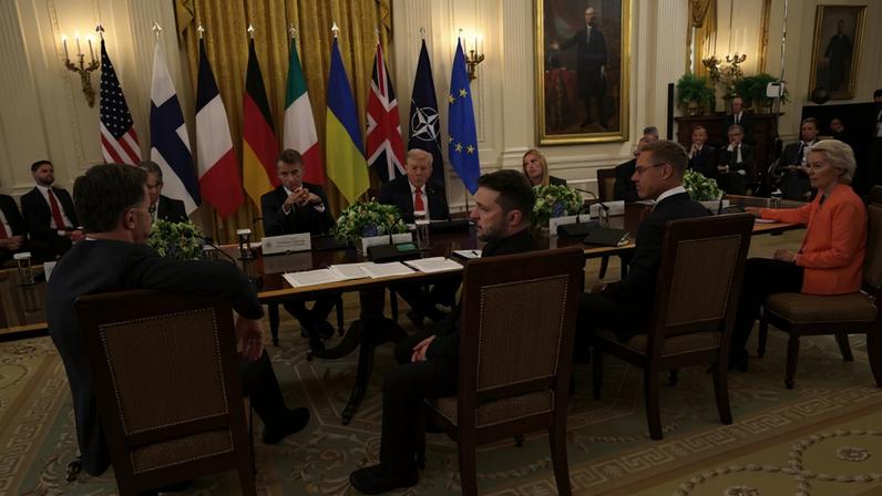 U.S. President Donald Trump hosts a meeting with Ukrainian President Volodymyr Zelensky, European Commission President Ursula von der Leyen, NATO Secretary-General Mark Rutte, and other European leaders at the White House on August 18.