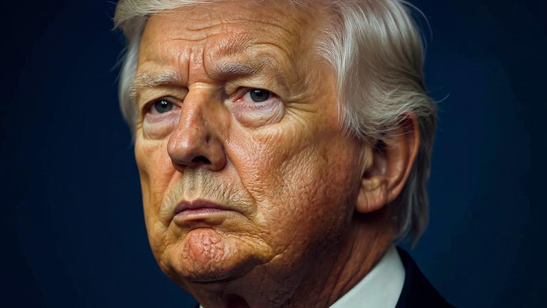 An illustration shows U.S. President Donald Trump's face on a textured wall. The upper part of the wall is cracked.