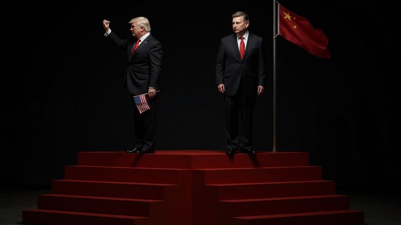 An illustration shows Donald Trump and Xi Jinping standing atop two adjoining stairways. Trump looks away and raises a fist. Xi looks toward Trump smiling next to a Chinese flag.