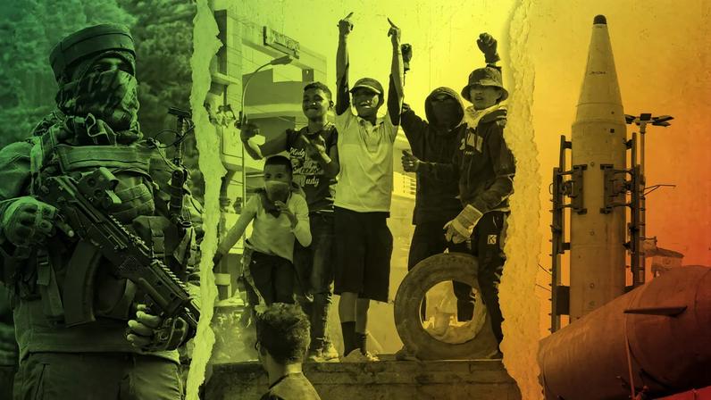 A photo illustration of torn paper showing a soldier, young kids gesturing during a protest, and nuclear missiles behind a gradient to represent geopolitical risks of 2026.