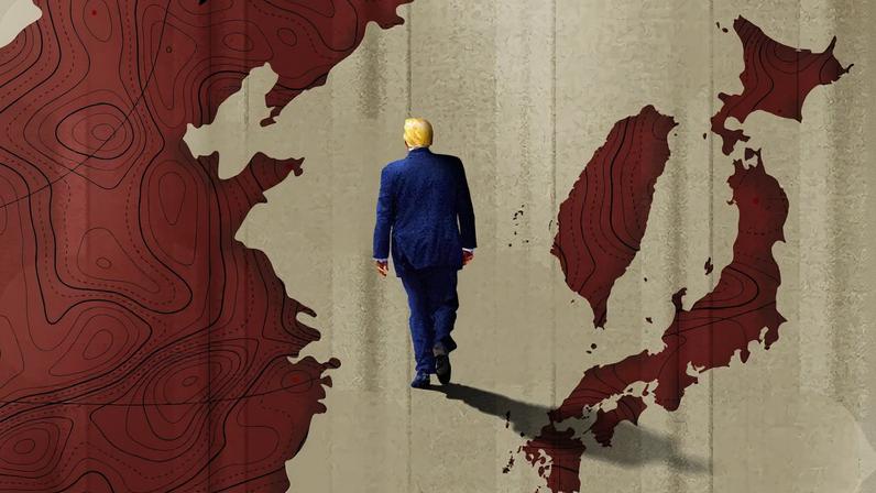 An illustration shows Donald Trump with his back toward a map of the land masses of Taiwan and Japan with the shape of China to his left.