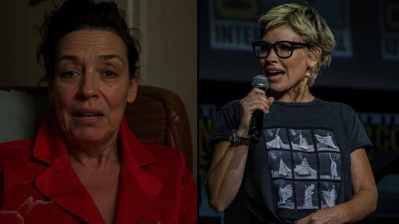 Evangeline Lilly speaking to the camera in a red shirt.