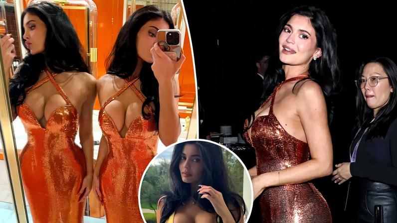 Kylie Jenner flaunted her figure in an orange gown while at the Palm Springs International Film Festival’s awards gala with her boyfriend, Timothée Chalamet.