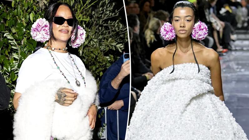 Rihanna headed to the Dior afterparty wearing a white T-shirt and jeans along with a floral headpiece that was shown on the runway hours prior.