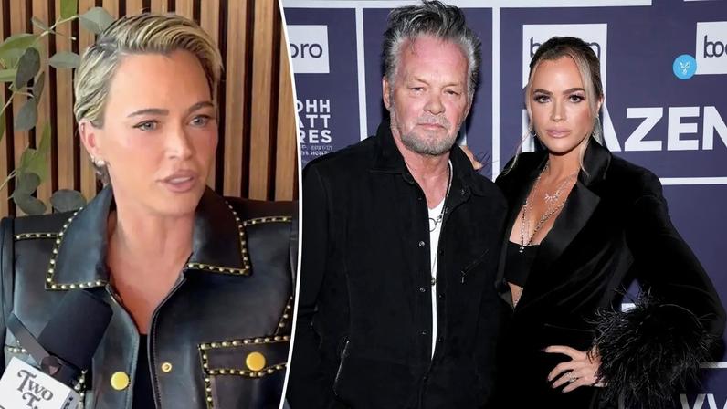 Teddi Mellencamp speaking into a "Two Ts in a Pod" podcast microphone.