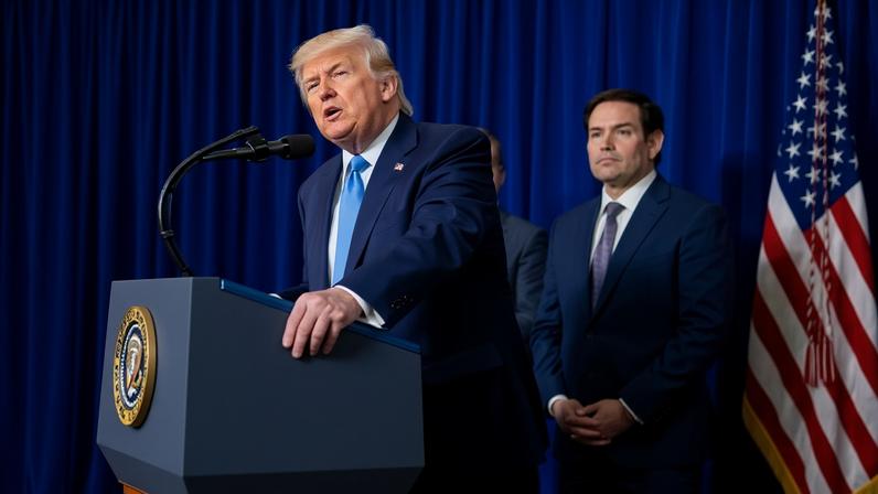 Donald Trump, with Marco Rubio, during a news conference at Mar-a-Lago in Palm Beach, Florida, on Saturday.