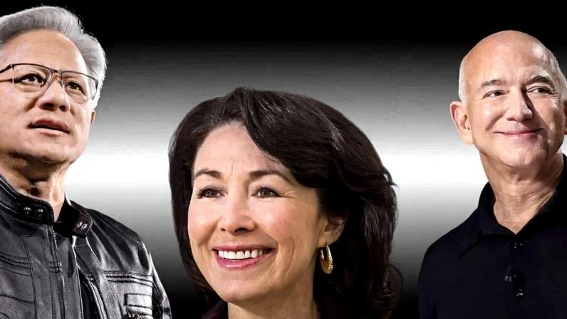 Da esquerda para a direita: Jensen Huang (cortesia da Nvidia); Safra Catz (por David Paul Morris/Bloomberg); Jeff Bezos