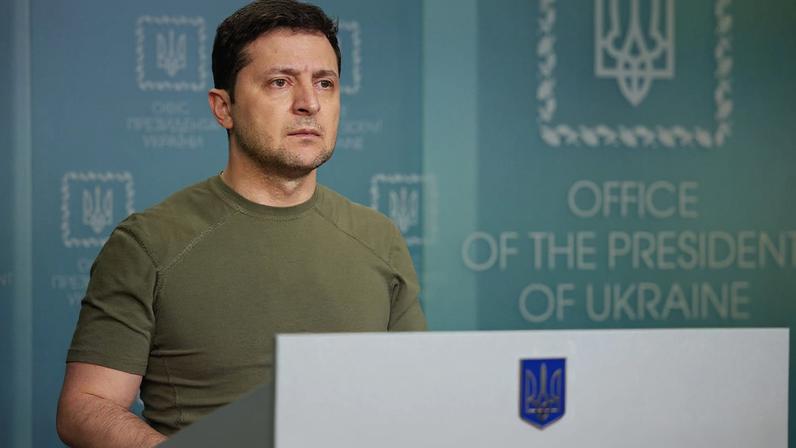 Ukrainian President Volodymyr Zelensky delivers a speech to the nation at the presidential palace.