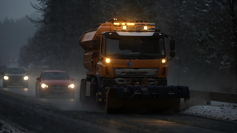 A gritter battles snow on the A9, south of Inverness, Scotland.