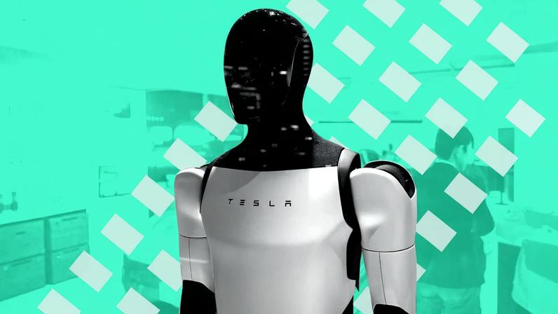 One of Tesla’s Optimus robots set over a green background.