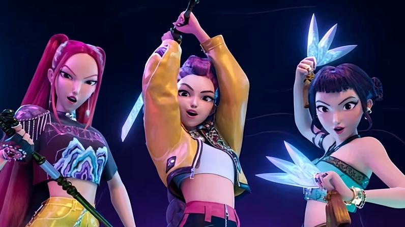 Empowering … KPop superstars Rumi, Mira and Zoey in Kpop Demon Hunters.