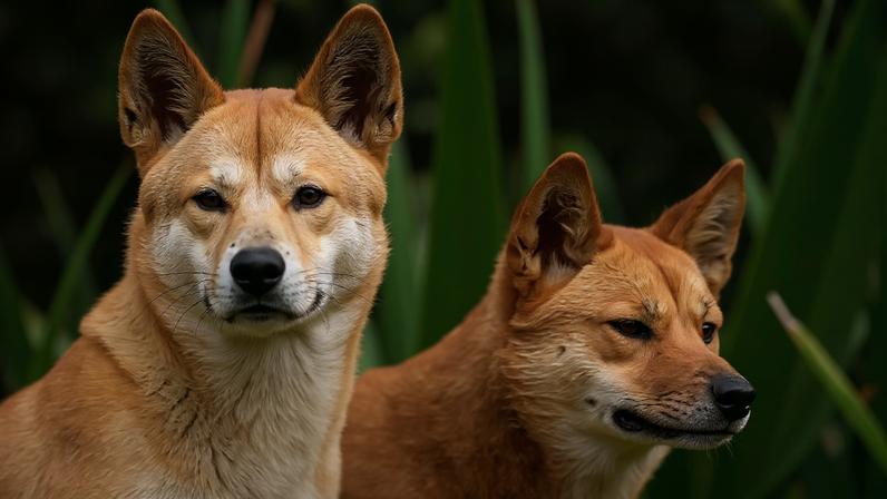 Fotografia de dois filhotes de dingo observam de seu novo lar no Nura Diya Australia.