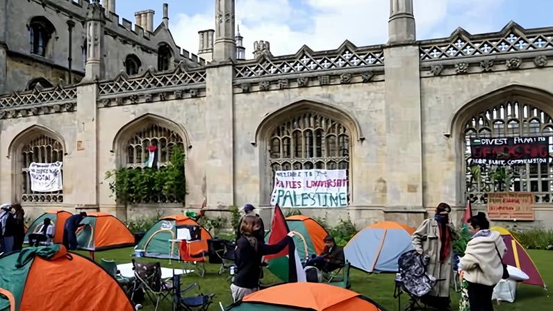Students at an encampment on the grounds of Cambridge University