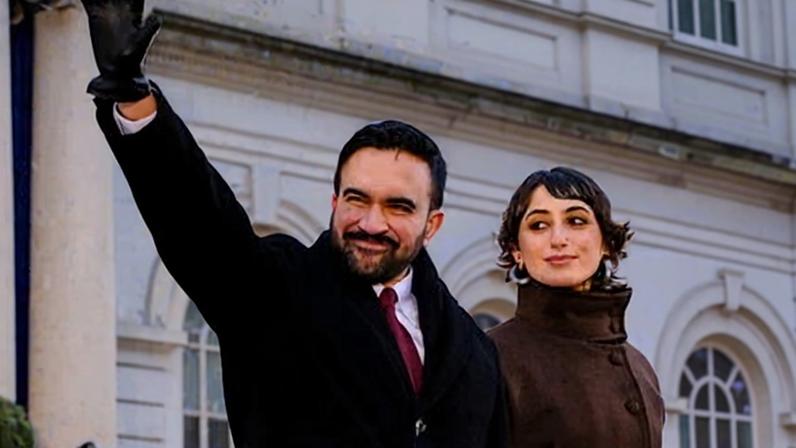 Zohran Mamdani, standing with his wife, Rama Duwaji, is sworn in as the 112th mayor of New York City, on 1 January 2026.