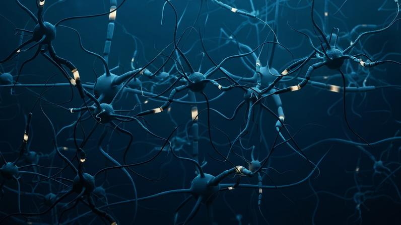 Imagem ilustrativa de neurônios azuis com brilhantes segmentos sobre azul.
