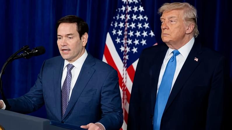Marco Rubio speaks during a news conference as Donald Trump looks on at the Mar-a-Lago Club in Palm Beach, Florida, on Saturday.