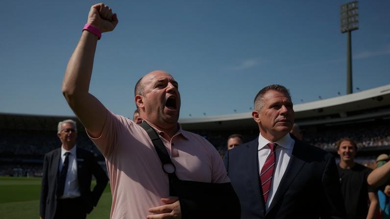 Ahmed al-Ahmed gestures after receiving a standing ovation for his actions during the Bondi shootings during day one of the Fifth Test of the 2025/26 Ashes series.
