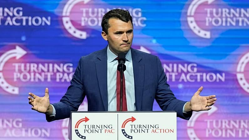 Turning Point USA Founder Charlie Kirk speaks during a campaign rally on 24 Oct. 2024, in Las Vegas.