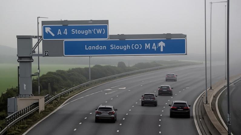 Thick fog on the M4 at Taplow in Buckinghamshire on New Year’s Eve. Yellow weather warnings for snow and ice are in place for parts of the UK.